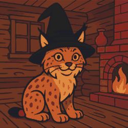 a lynx in a hat sits in a hut with a fireplace - cross stitch pattern pdf - instant download