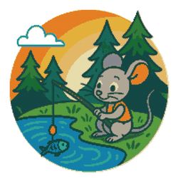 a mouse catches fish in a lake in the forest - cross stitch pattern pdf - instant download