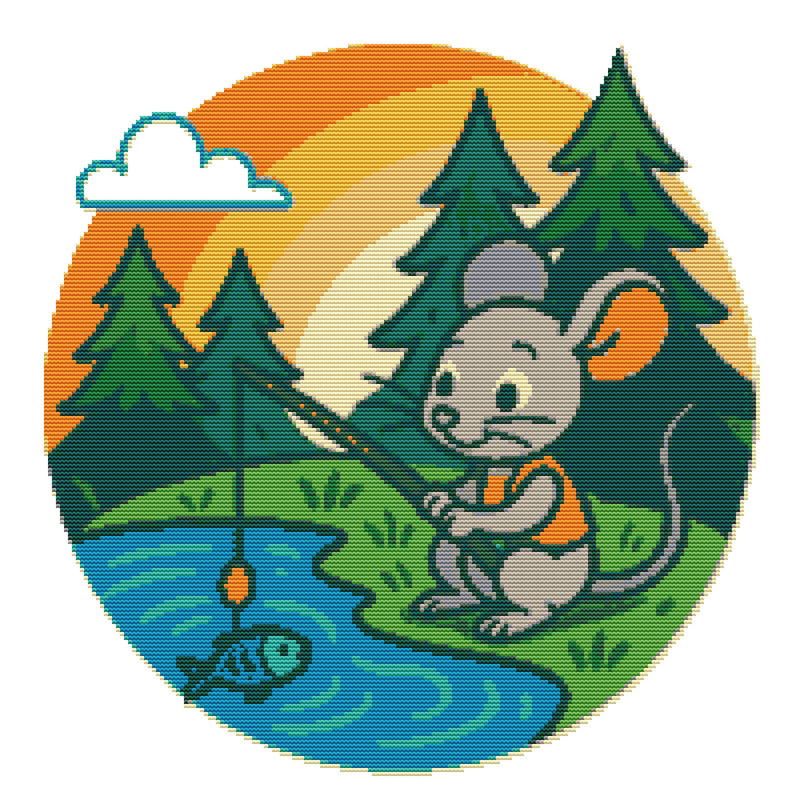 A Mouse Catches Fish In A Lake In The Forest  Cross Stitch Pattern PDF  Instant Download 0