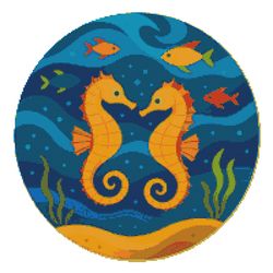 a pair of seahorses with colorful fish in the sea - cross stitch pattern pdf - instant download