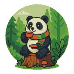 a panda in a colorful scarf drinks tea on a tree stump in the forest - cross stitch pattern pdf - instant download