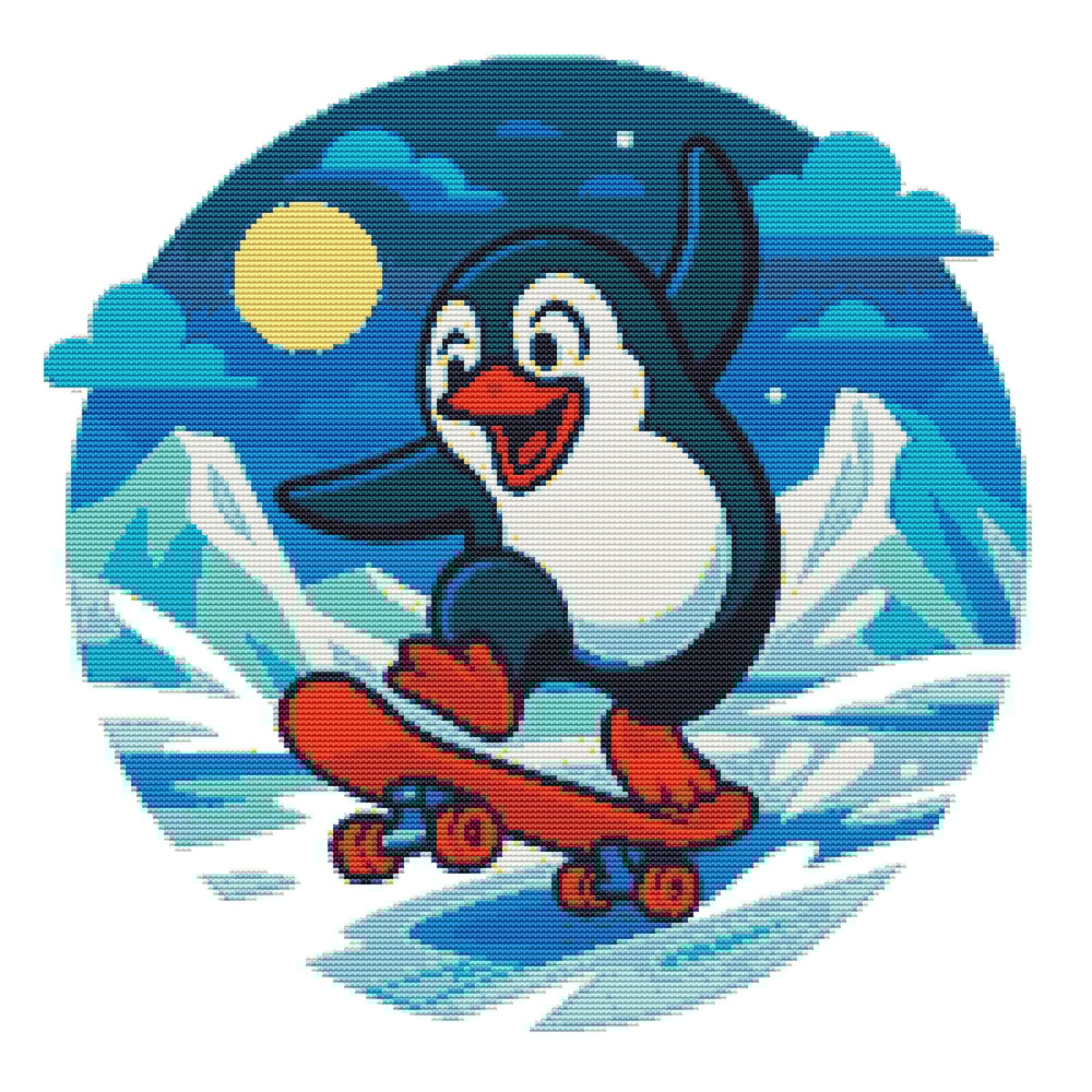 A Penguin Skateboards Through An Arctic Landscape Cross Stitch Pattern PDF Instant Download 0
