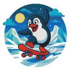 a penguin skateboards through an arctic landscape. - cross stitch pattern pdf - instant download