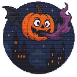 a pumpkin with eyes and wings flies over a castle - cross stitch pattern pdf - instant download