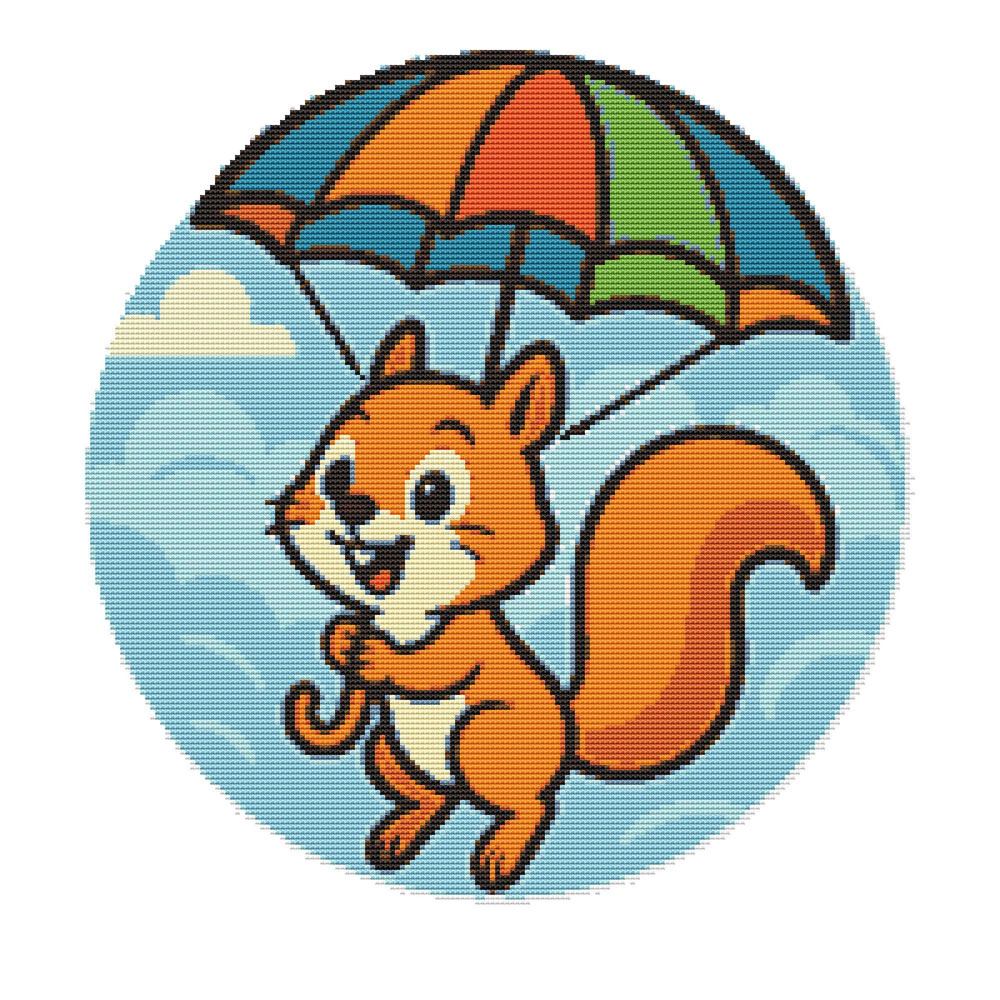 A Squirrel Flies On An Umbrella Like A Parachute Cross Stitch Pattern PDF Instant Download 0