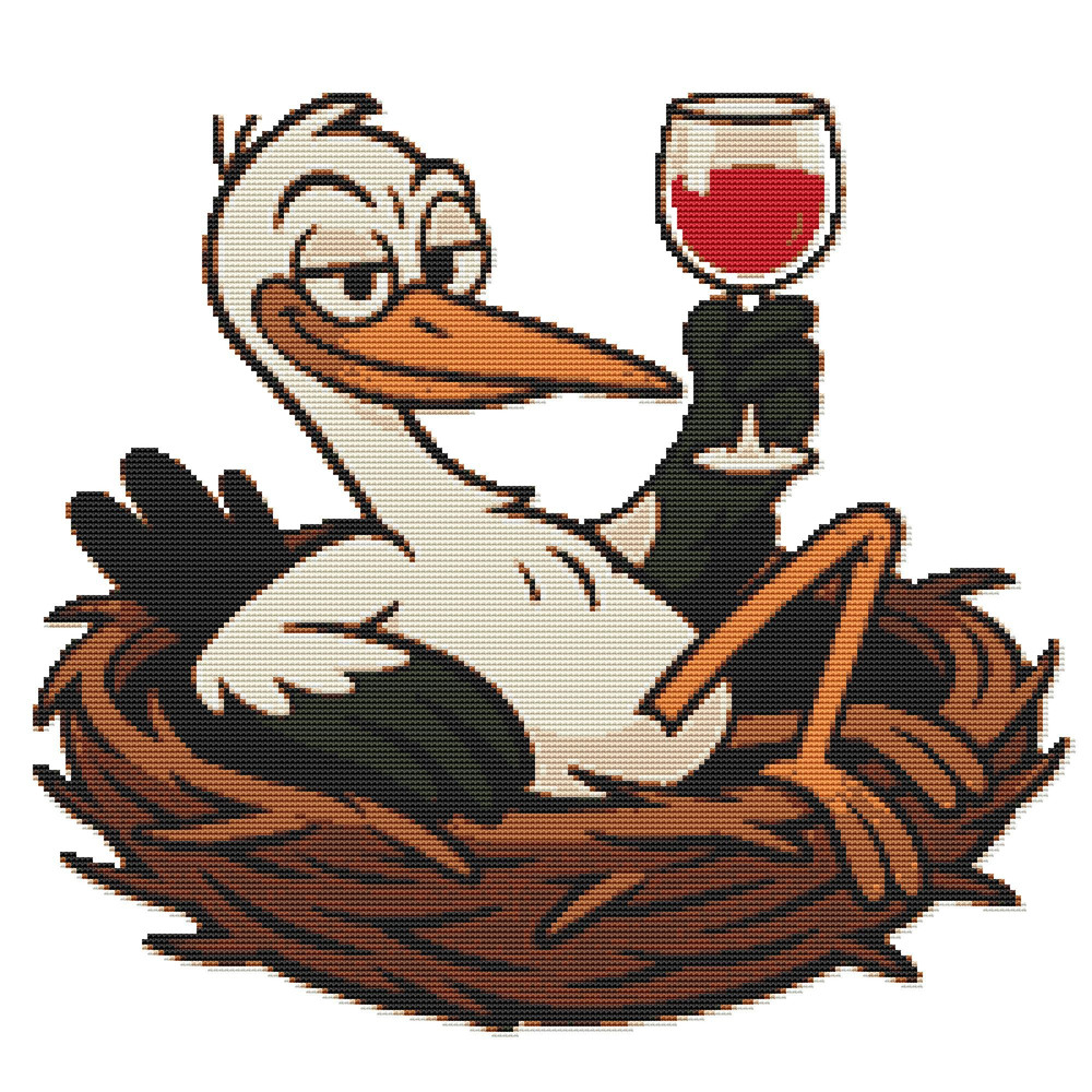 A Stork Sits In A Nest With A Glass In Its Hands  Cross Stitch Pattern PDF  Instant Download 0