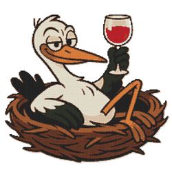 a stork sits in a nest with a glass in its hands - cross stitch pattern pdf - instant download