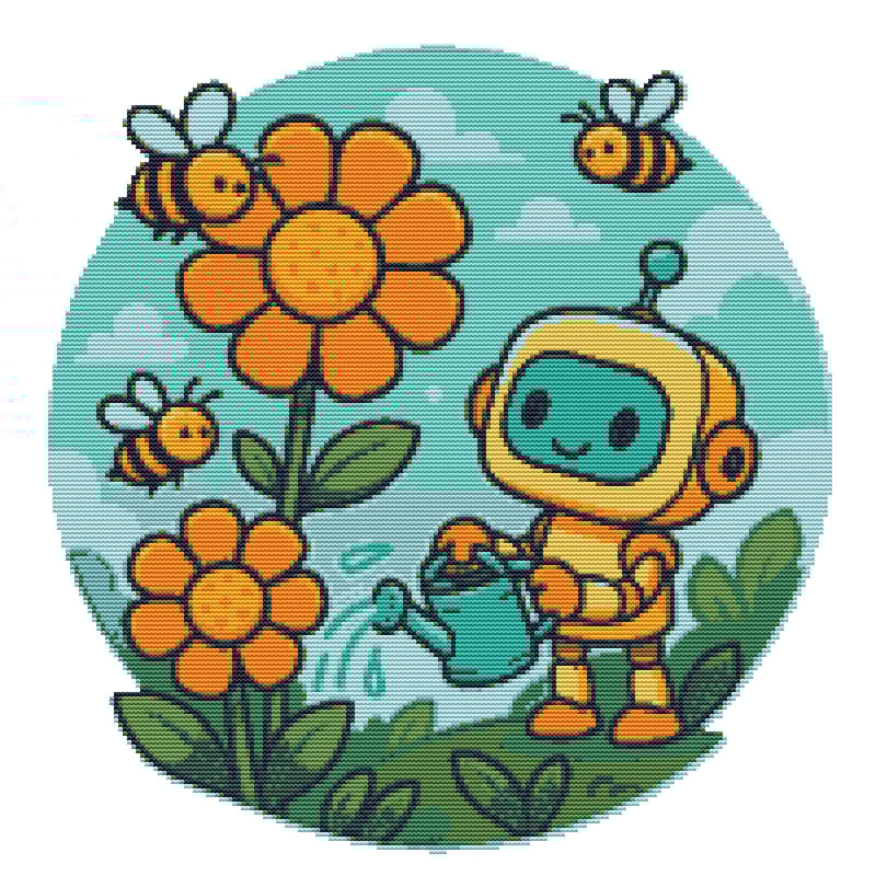 A Tiny Robot Waters Giant Flowers While Bees Fly Around Cross Stitch Pattern PDF Instant Download 0
