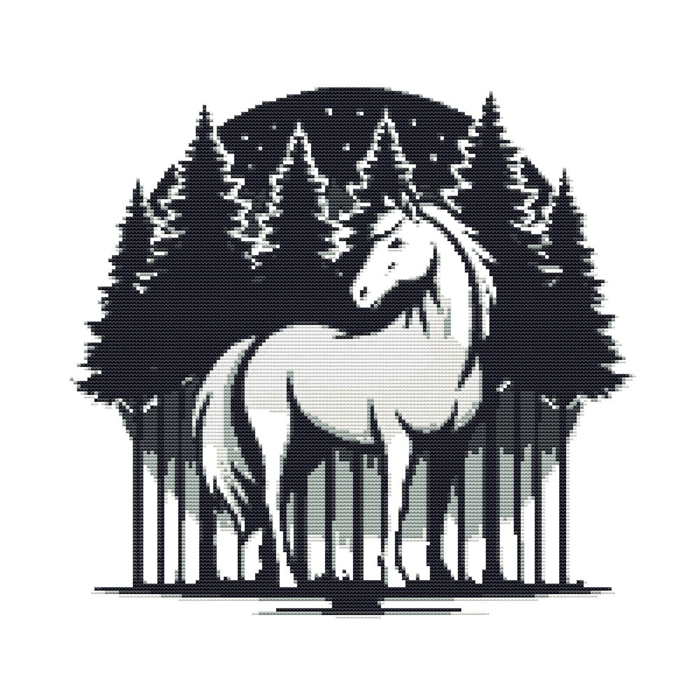 A White Horse Stands In A Dark Forest Cross Stitch Pattern PDF Instant Download 0