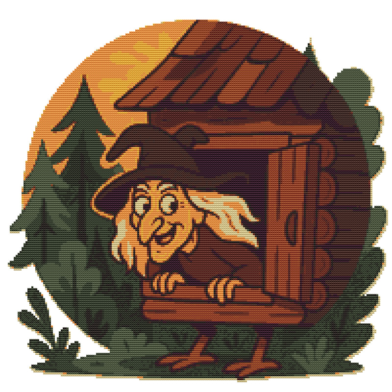 An Old Woman In A Hut In A Green Forest  Cross Stitch Pattern PDF  Instant Download 0