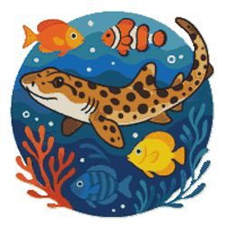 australian coral cat shark with colorful fishes on sea in abstract circle - cross stitch pattern pdf - instant download