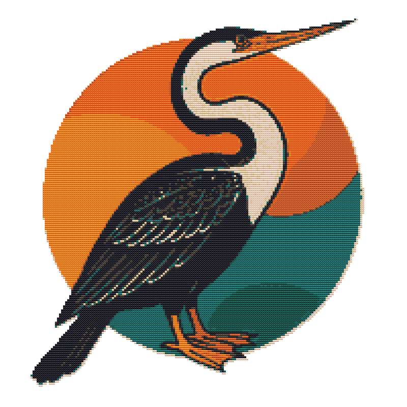 Australian Darter Bird On A Colorful Circle Background Cross Stitch Pattern PDF Instant Download 0
