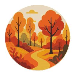 autumn in the forest with a road - cross stitch pattern pdf - instant download