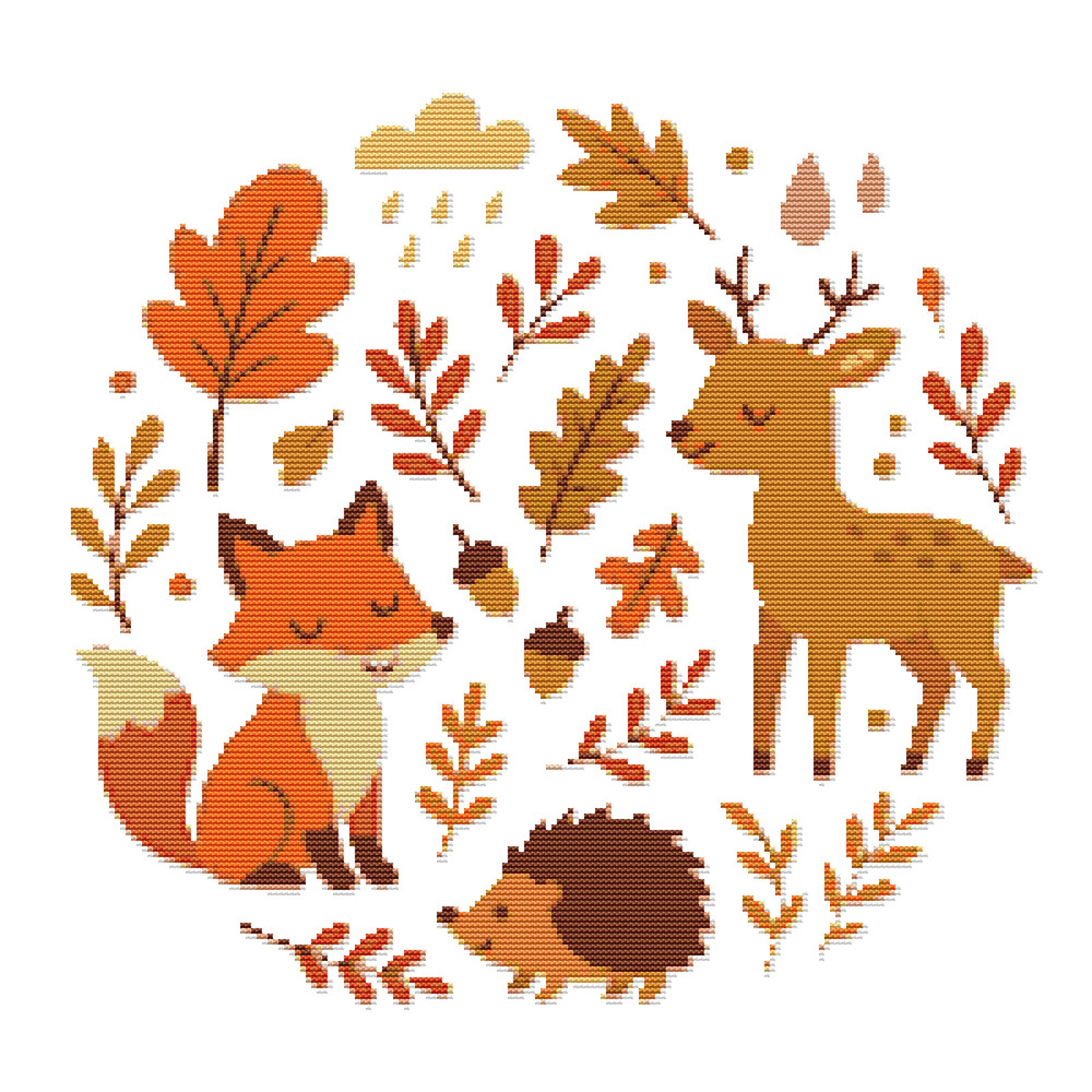 Autumn With Animals And Yellow Leaves  Cross Stitch Pattern PDF  Instant Download 0