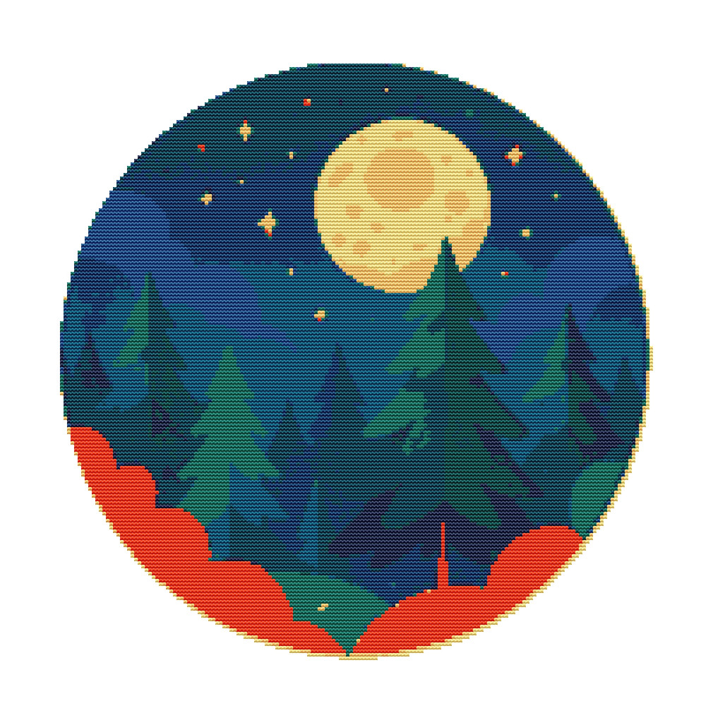 Big Moon In The Sky And Fir Trees  Cross Stitch Pattern PDF  Instant Download 0