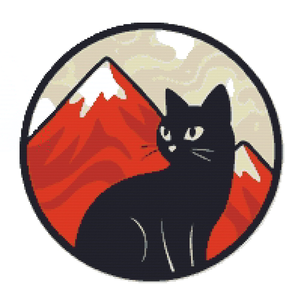 Black Cat Against The Background Of Red Mountains Cross Stitch Pattern PDF Instant Download 0