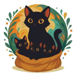 black cat with kittens on background of colorful patterns - cross stitch pattern pdf - instant download