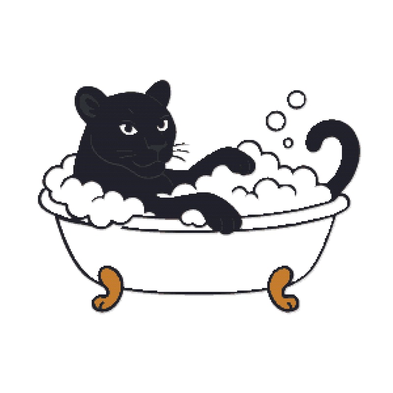 Black Puma Bathing In A Bathtub Cross Stitch Pattern PDF Instant Download 0