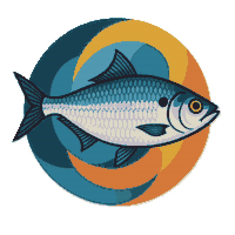 Blue Fish On A Colorful Circle Background Cross Stitch Pattern PDF Instant Download 0