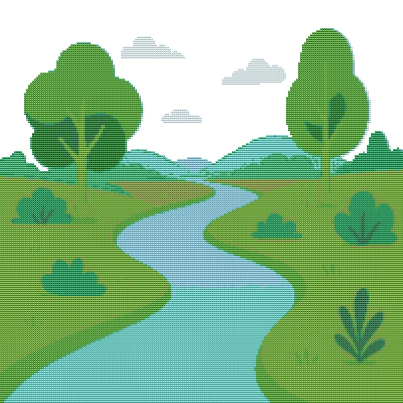 Blue River Flows Against The Backdrop Of Nature Cross Stitch Pattern PDF Instant Download 0