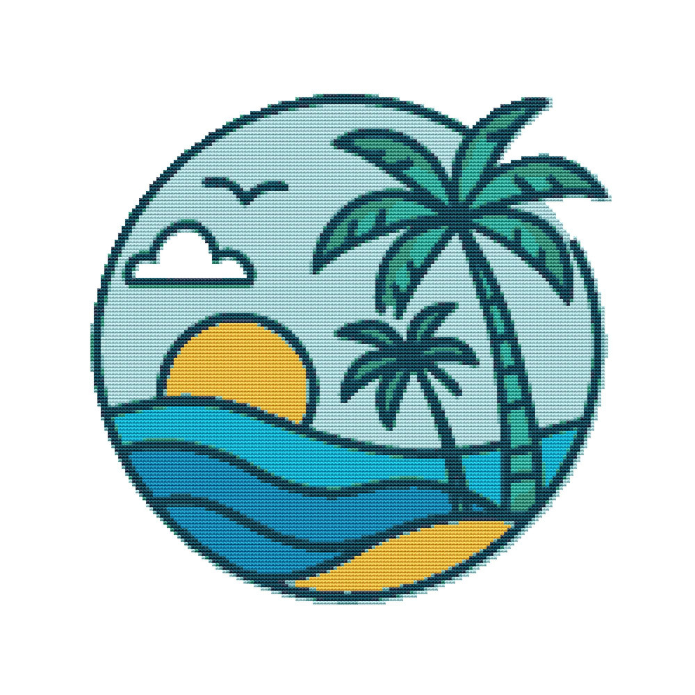 Blue Sea Palm Trees And Sun  Cross Stitch Pattern PDF  Instant Download 0