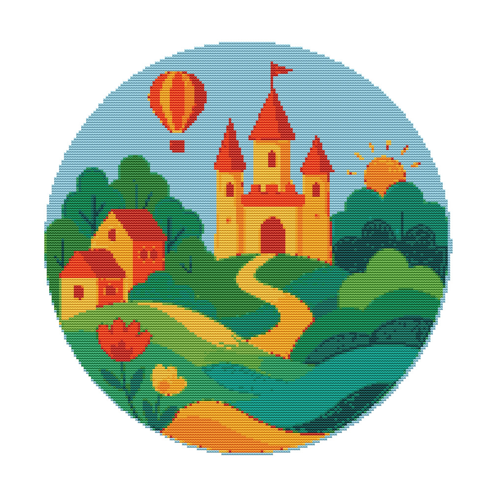 Castle On Green Background With Beautiful Nature  Cross Stitch Pattern PDF  Instant Download 0