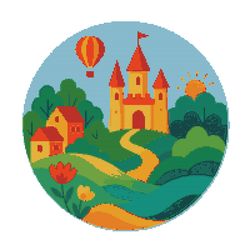 castle on green background with beautiful nature - cross stitch pattern pdf - instant download
