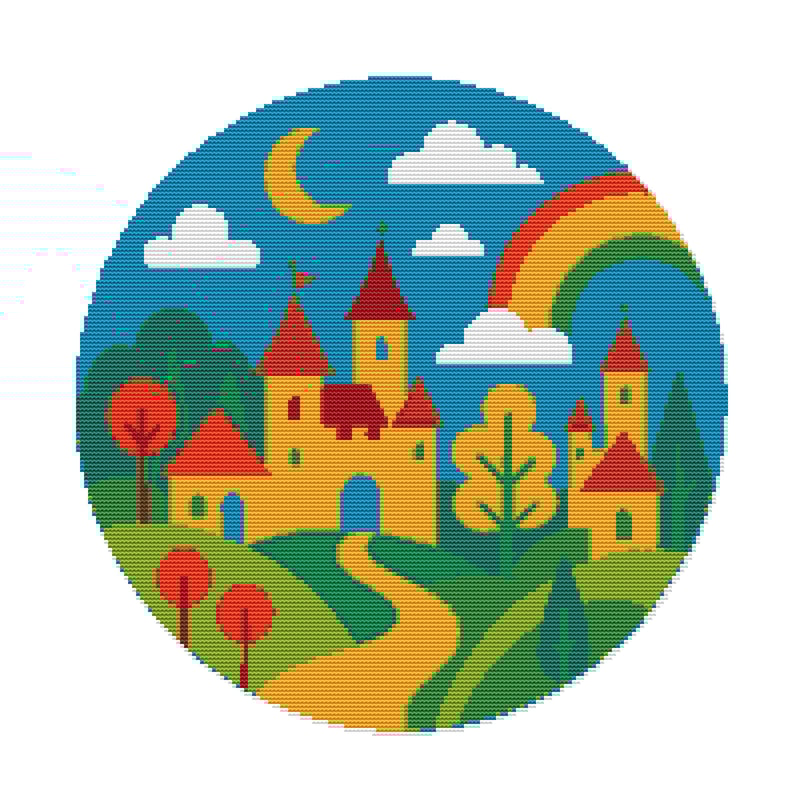 Castle With Red Trees In The Background Cross Stitch Pattern PDF Instant Download 0