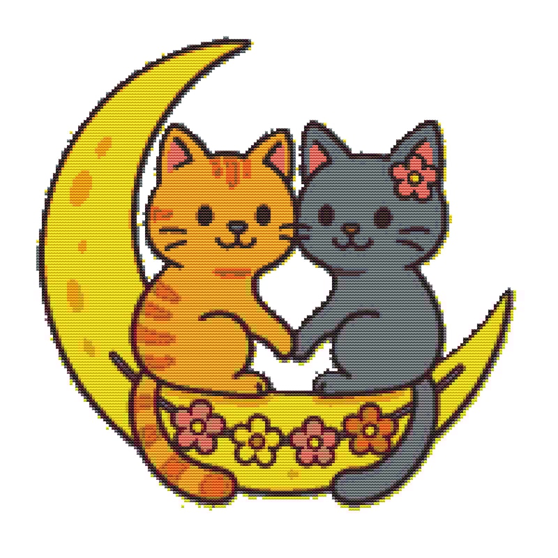 Cat And Cat In The Shape Of A Heart Sitting On The Moon Cross Stitch Pattern PDF Instant Download 0