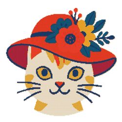 cat face in a fashionable hat - cross stitch pattern pdf - instant download
