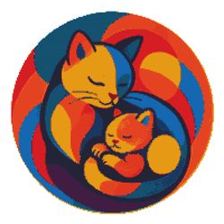 cat hugging her kitten on a colored background - cross stitch pattern pdf - instant download
