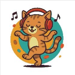 cat in headphones dancing to music - cross stitch pattern pdf - instant download