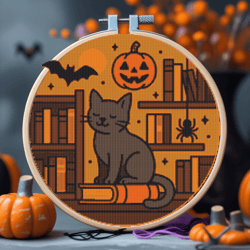 cat in the library on halloween - cross stitch pattern pdf - instant download