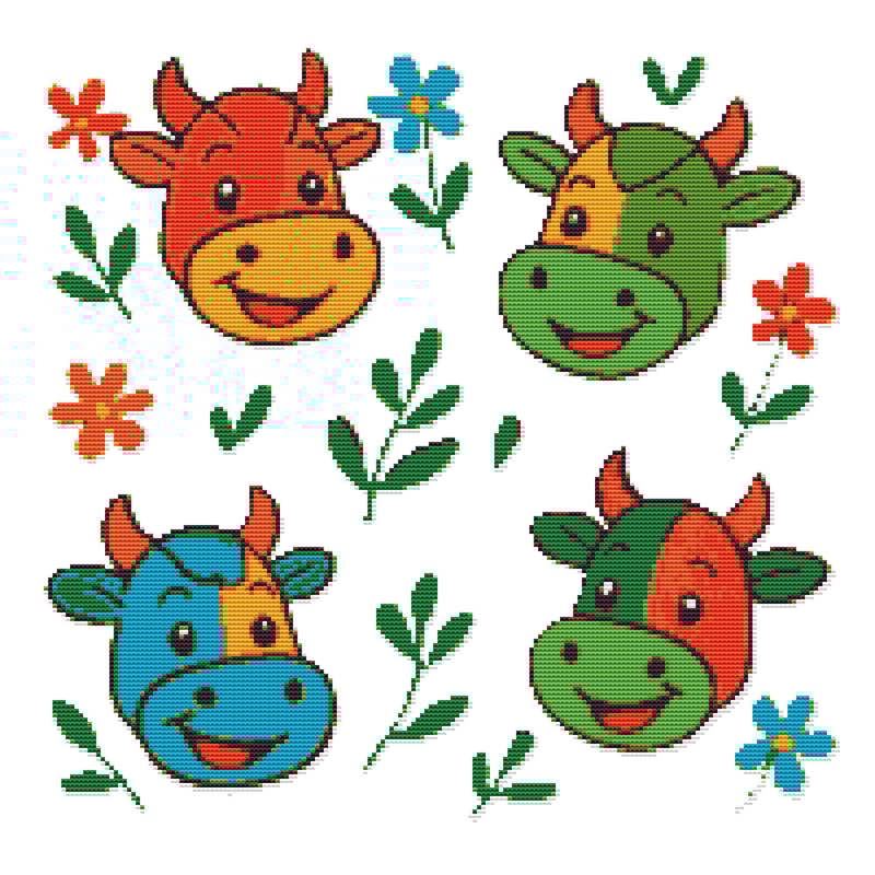 Colorful Cow Faces And Flowers Cross Stitch Pattern PDF Instant Download 0