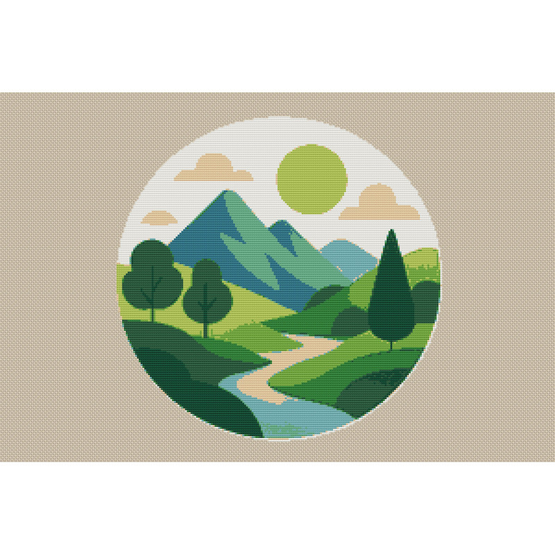 Colorful Green Nature In A Circle Cross Stitch Pattern PDF Instant Download 0