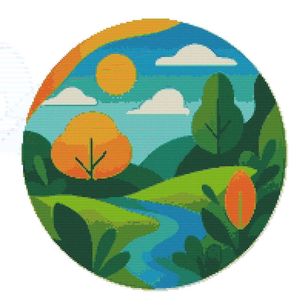 Colorful Landscape With Beautiful Trees Cross Stitch Pattern PDF Instant Download 0