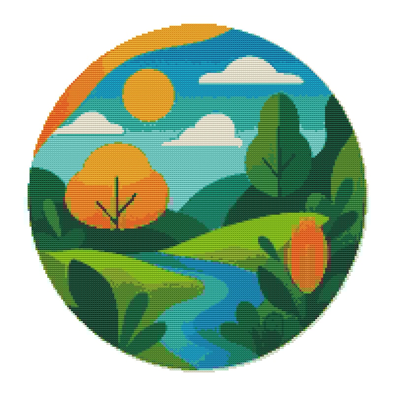 Colorful Landscape With Beautiful Trees Cross Stitch Pattern PDF Instant Download 0