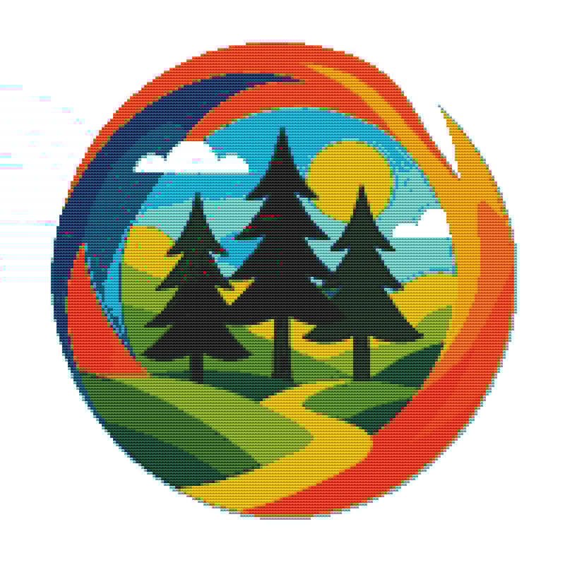 Colorful Landscape With Green Fir Trees Cross Stitch Pattern PDF Instant Download 0