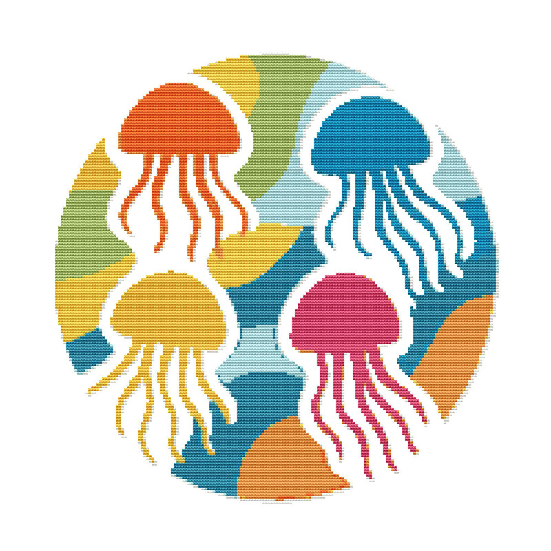 Colourful Jellyfish In A Circle Cross Stitch Pattern PDF Instant Download 0