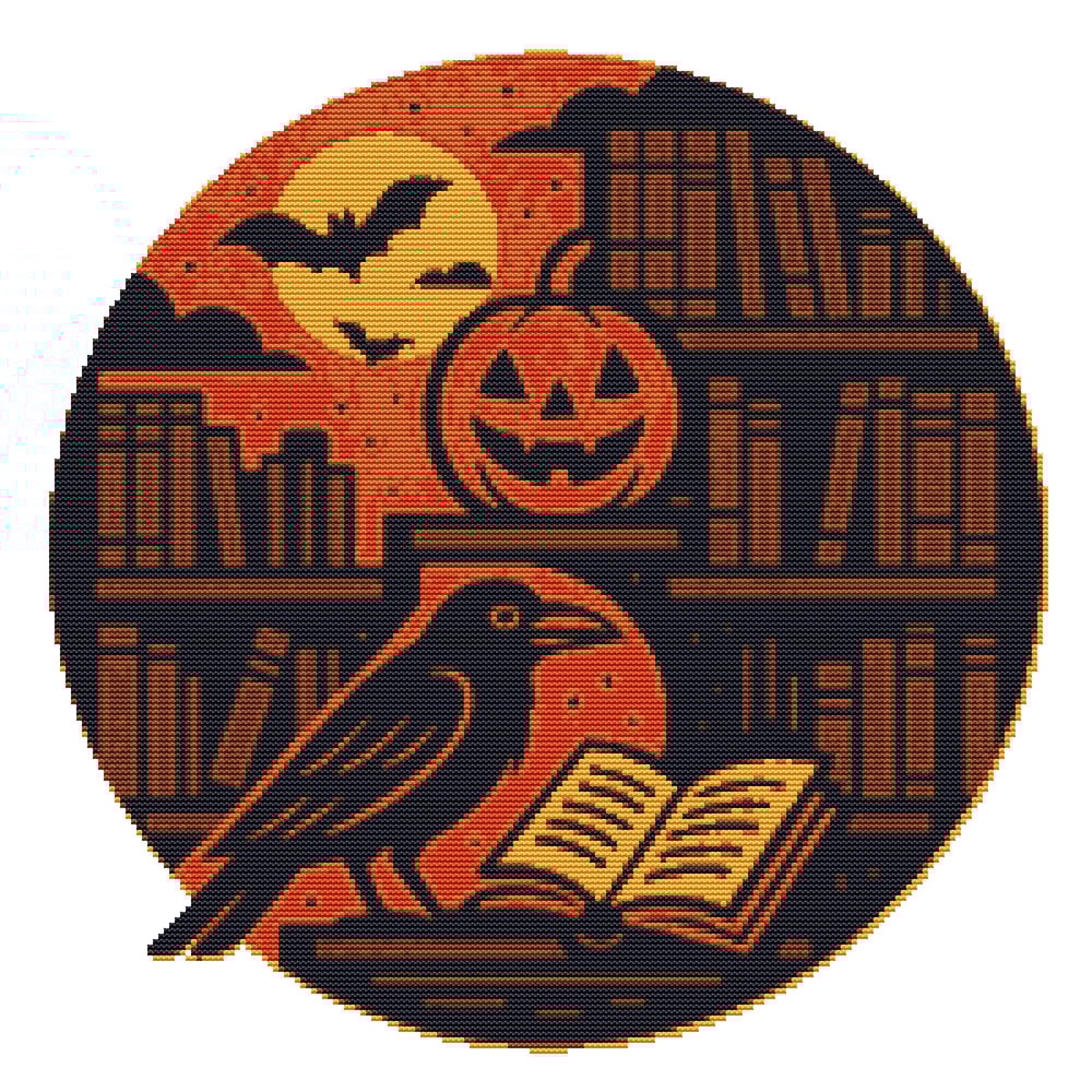 Crow In The Library On Halloween Cross Stitch Pattern PDF Instant Download 0