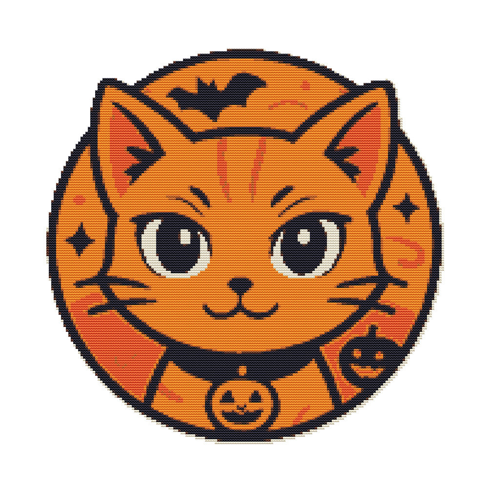 Cute Halloween Cat Face On Orange Background Cross Stitch Pattern PDF Instant Download 0