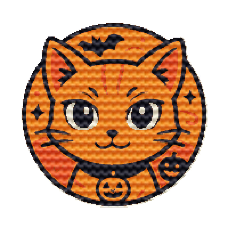 Cute Halloween Cat Face On Orange Background Cross Stitch Pattern PDF Instant Download 0