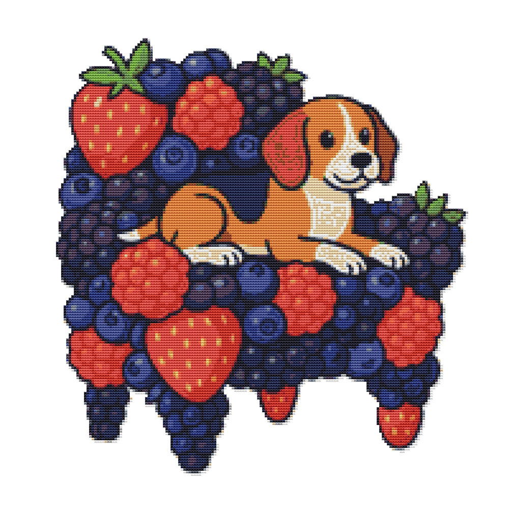 Dog Sits On A Chair Made Of Fruits  Cross Stitch Pattern PDF  Instant Download 0
