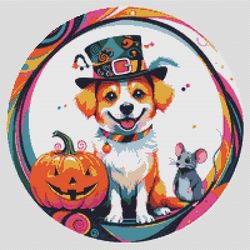 dog with pumpkin for halloween - cross stitch pattern pdf - instant download