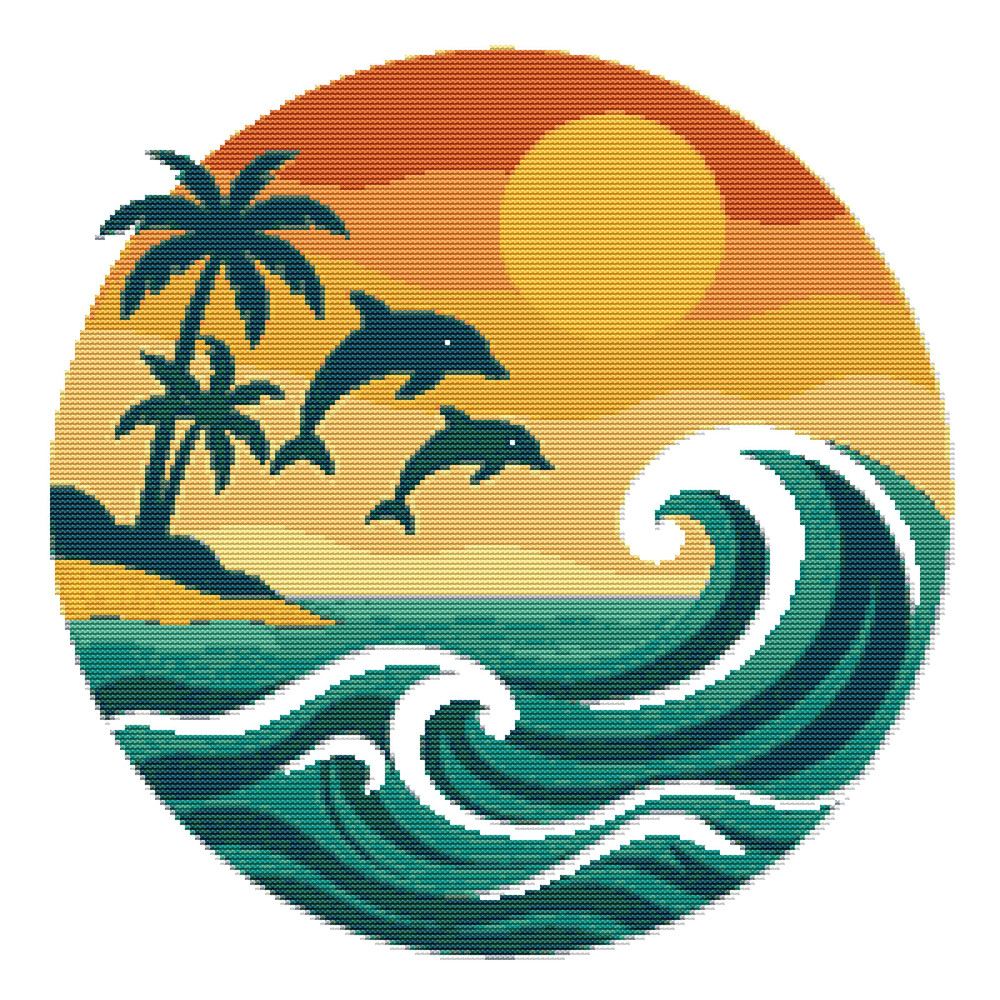 Dolphins At Sunset Against The Blue Sea  Cross Stitch Pattern PDF  Instant Download 0