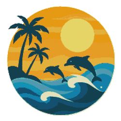 dolphins on the sea at sunset - cross stitch pattern pdf - instant download