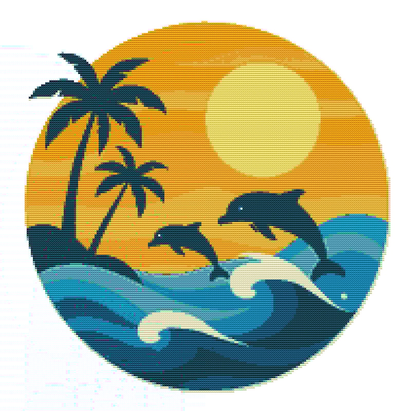 Dolphins On The Sea At Sunset Cross Stitch Pattern PDF Instant Download 0