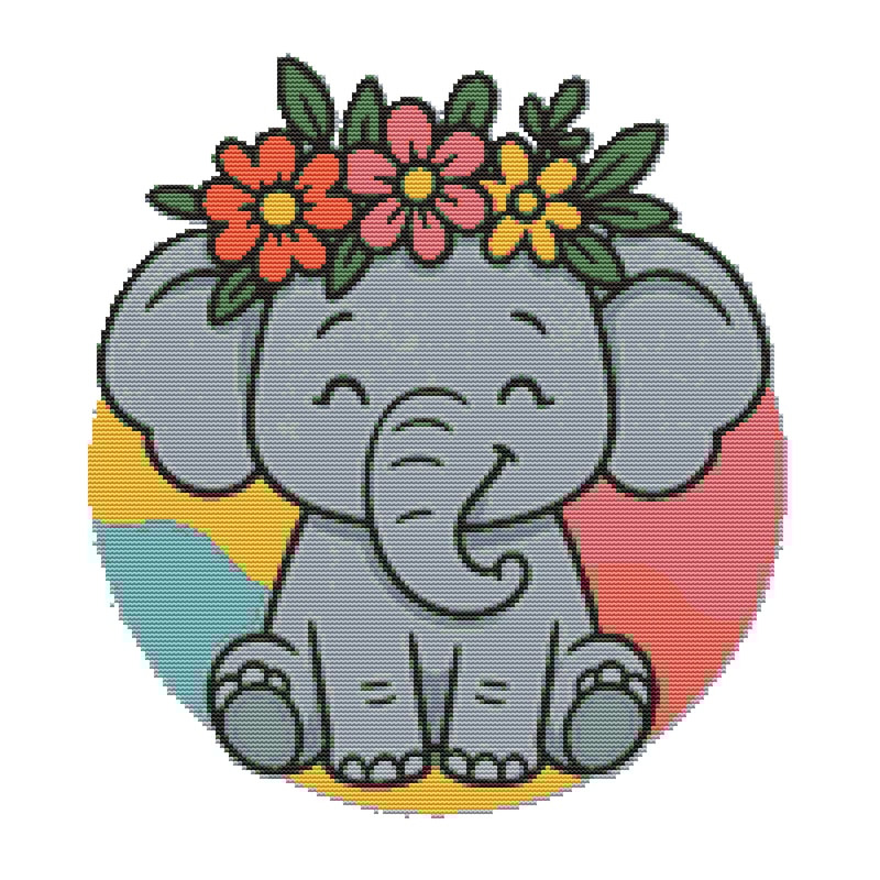 Elephant With A Flower Wreath Cross Stitch Pattern PDF Instant Download 0