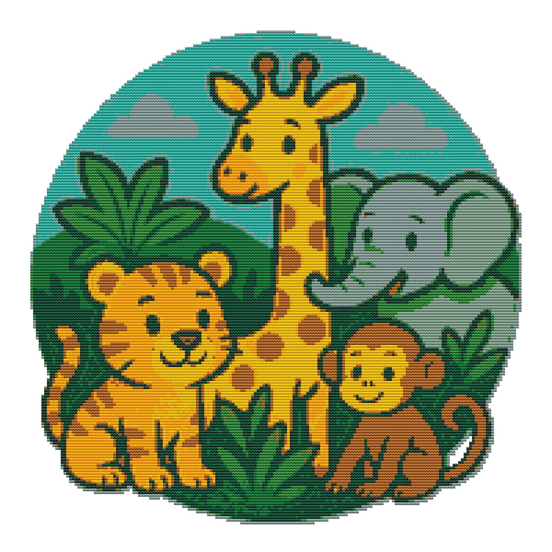 Elephant Monkey Giraffe And Lion Cub In Nature  Cross Stitch Pattern PDF  Instant Download 0