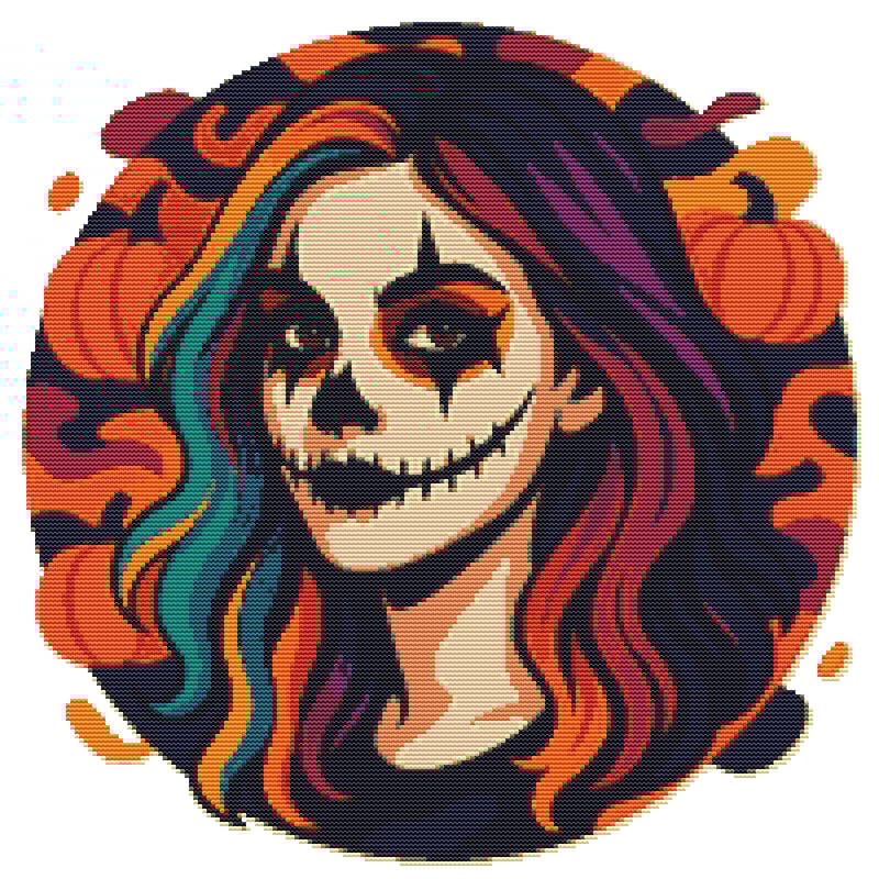 Face Of A Girl With Colorful Hair For Halloween Cross Stitch Pattern PDF Instant Download 0